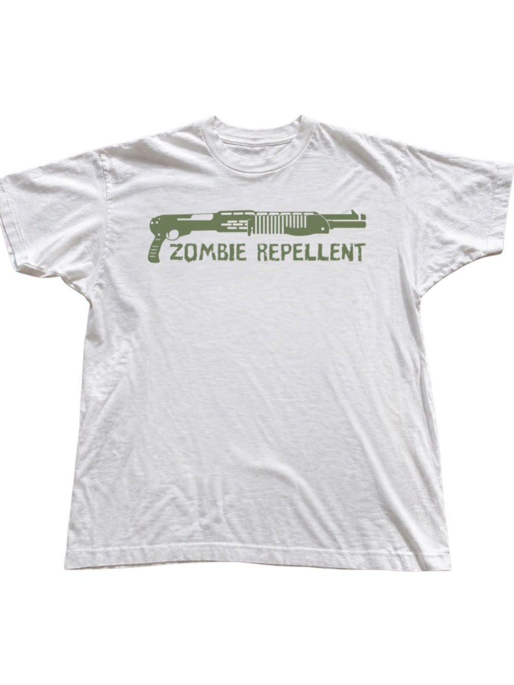 Gildan White Tee with Olive Green "Zombie Repellent" Print
